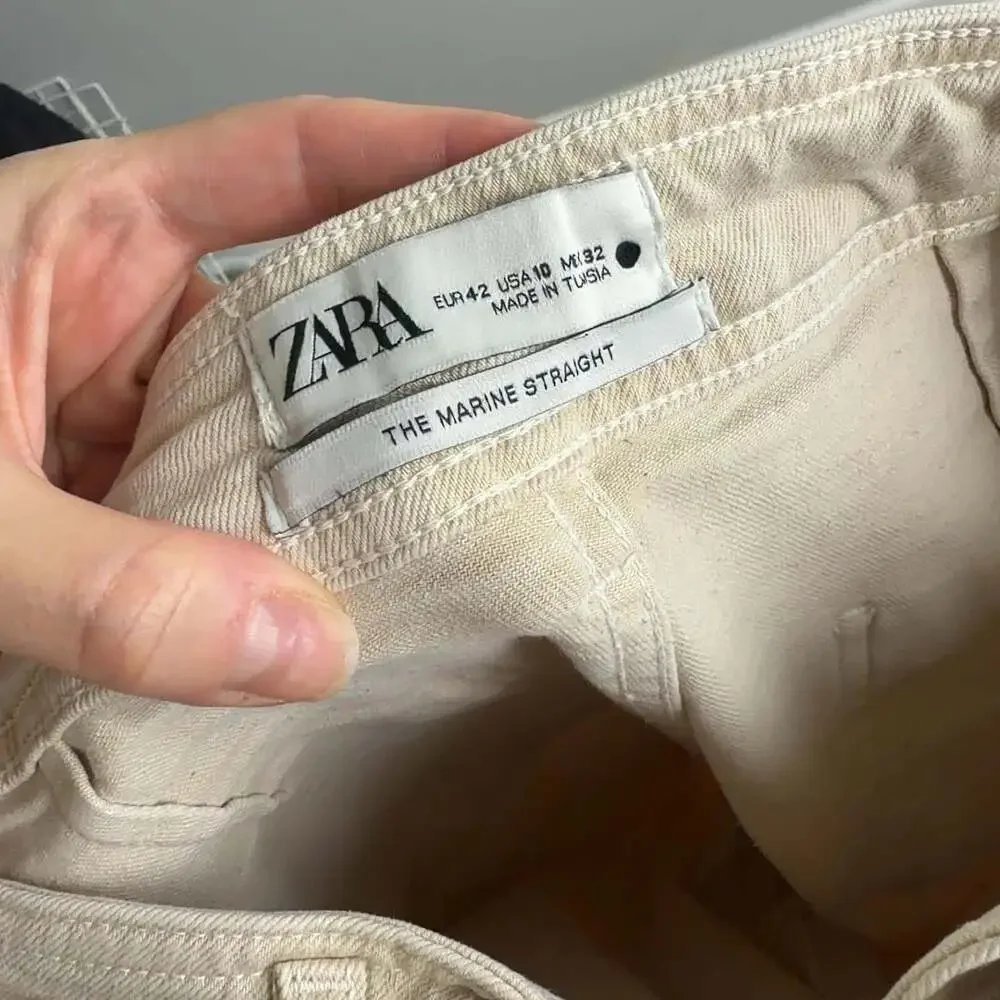 ZARA The Marine Straight Jeans Wide Leg Cream Size 10 EUR 42 Women’s